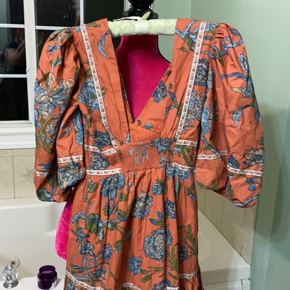 Anthropologie Love the Label Puffed Sleeves Orange Floral Tiered MIDI Dr… - Picture 10 of 13